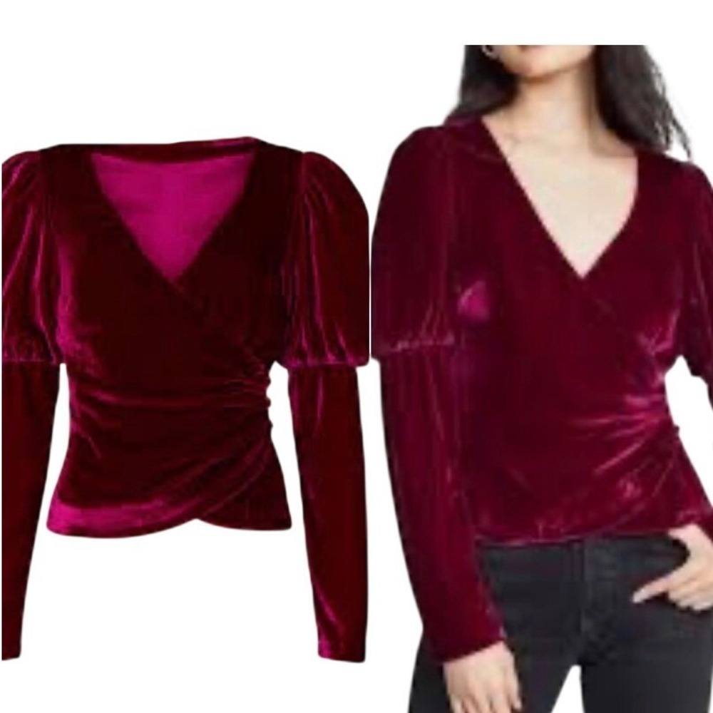 Cinq a‎ Sept Theo Silk Blend Velvet Wrap Top Puff Sleeve XS Romantic Renaissance